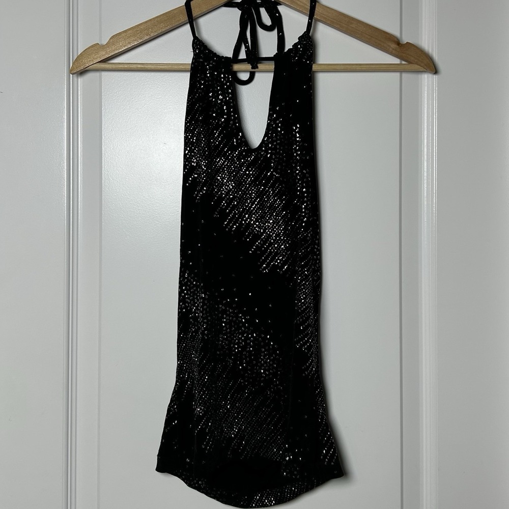 Formula X Vintage‎ 90s Black Metallic Sparkle Glitter Deep Plunge Halter Top